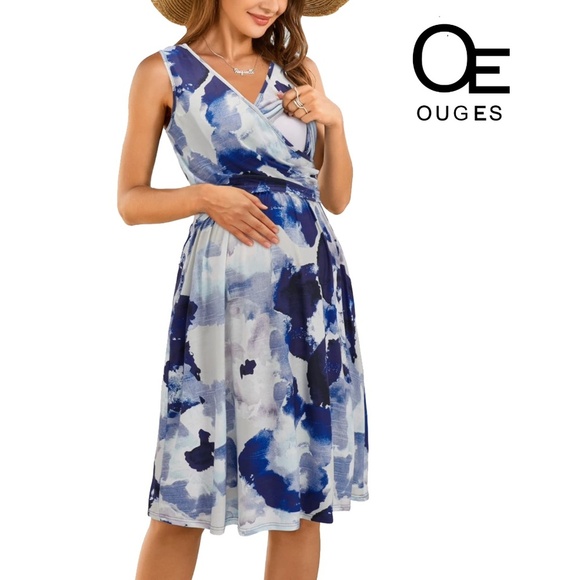OUGES V-Neck Dress Sleeveless Maternity Nursing Gown Breastfeeding Postpartum - Picture 1 of 16